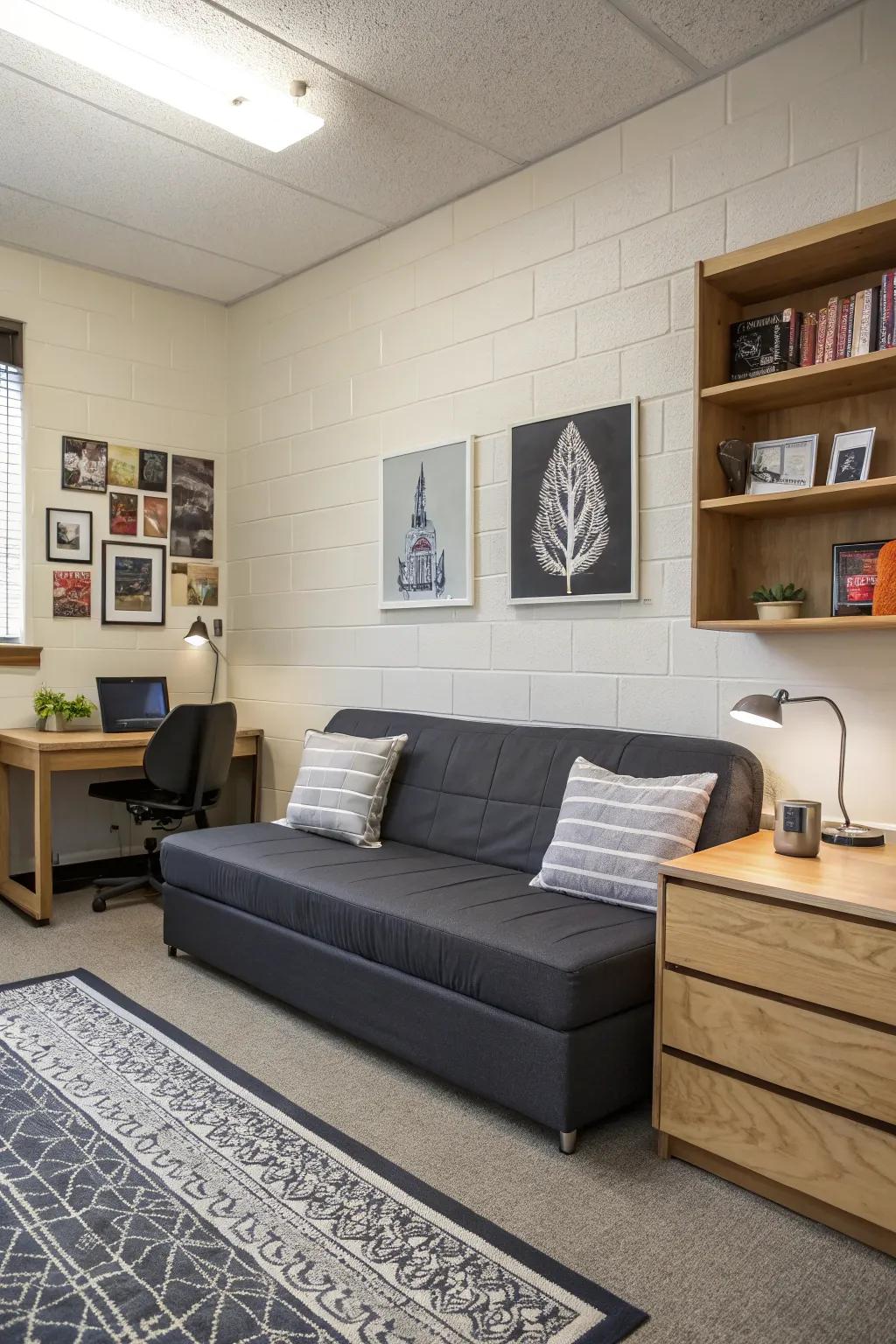 Sleek lines give this couch a minimalist touch in a sophisticated dorm room.