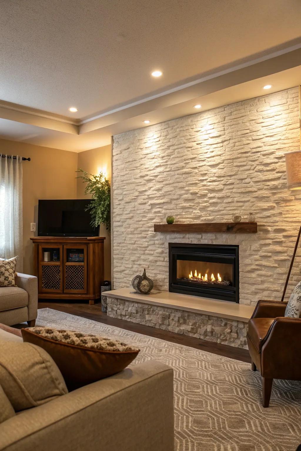 A feature wall that highlights the fireplace beautifully.