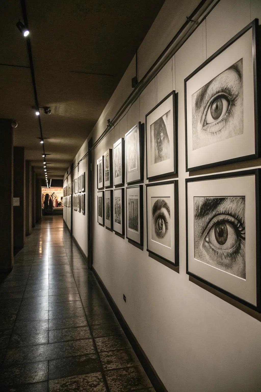 Elegant black and white eye photography that adds classic sophistication to the hallway.