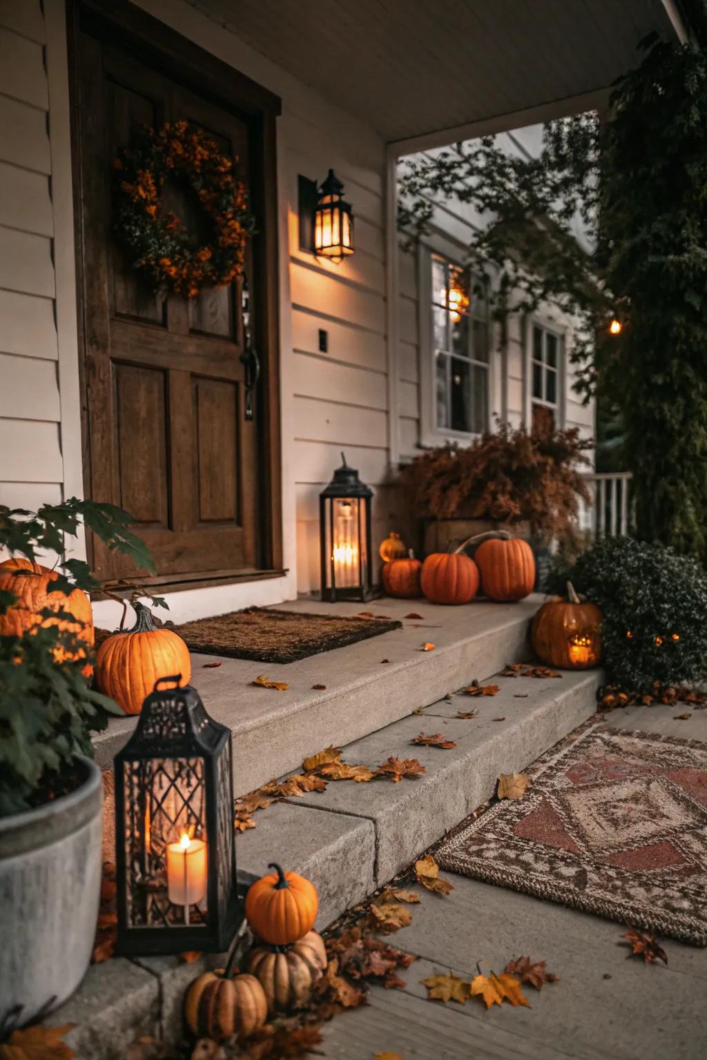 Moody lighting adds a cozy and inviting ambiance to the fall porch.