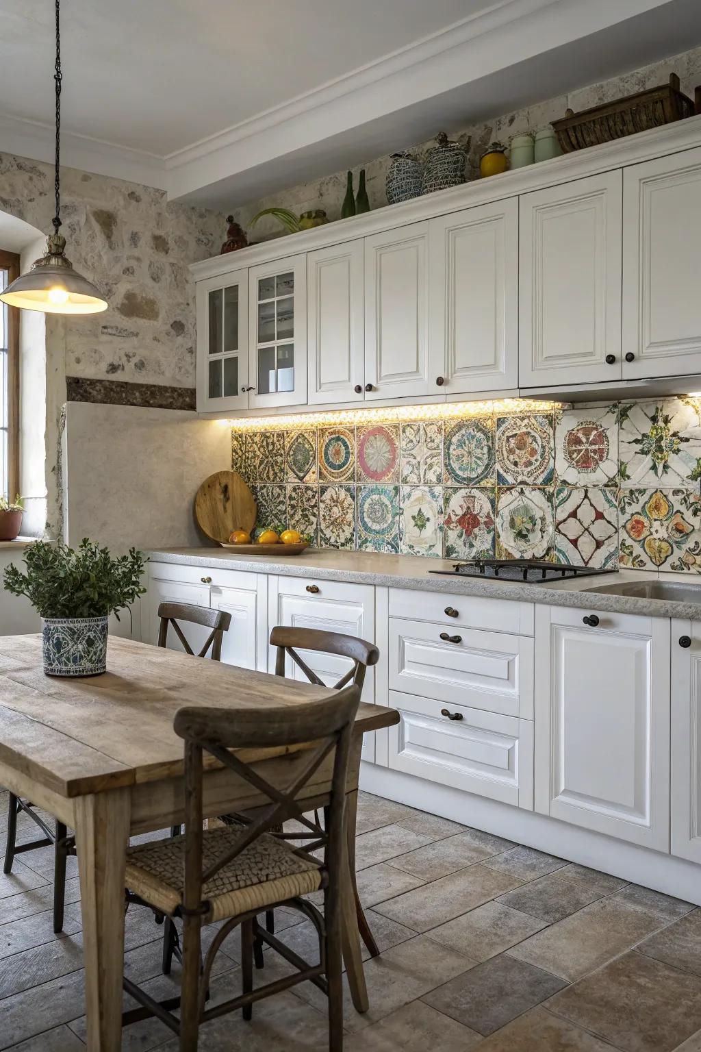 An arrangement backsplash adds creative flair to this unique country-style kitchen.