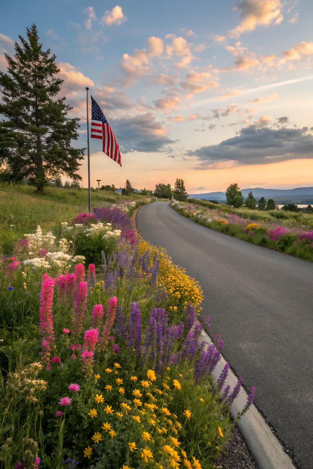 A burst of color with wildflowers lining a flag lot driveway.