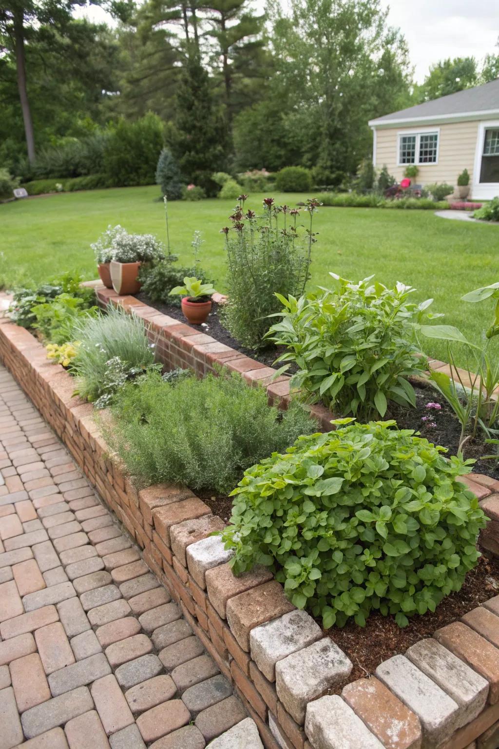 A brick herb garden marries aesthetics with functionality.