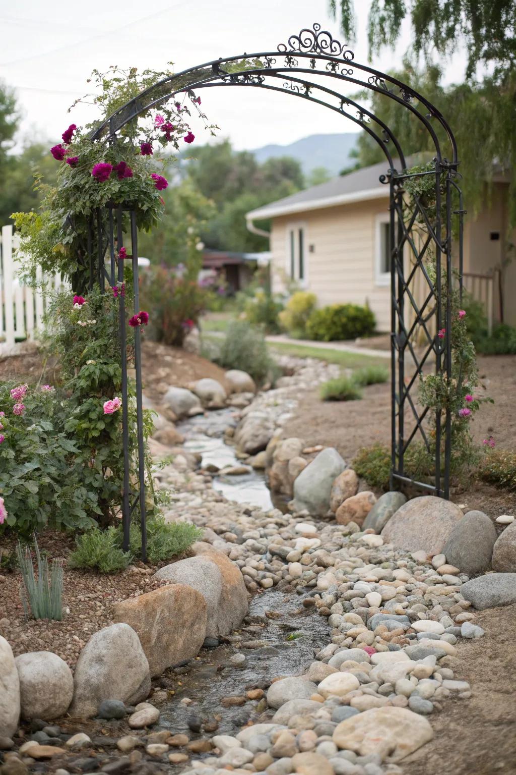 A decorative entrance arch frames your dry creek bed, creating a welcoming statement.