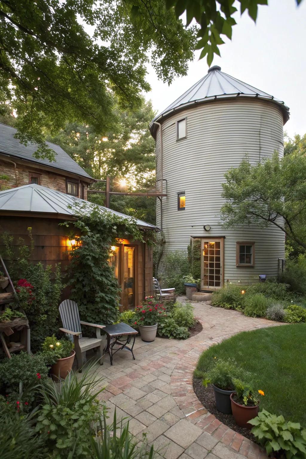 A private outdoor escape that complements the serenity of a grain bin home.