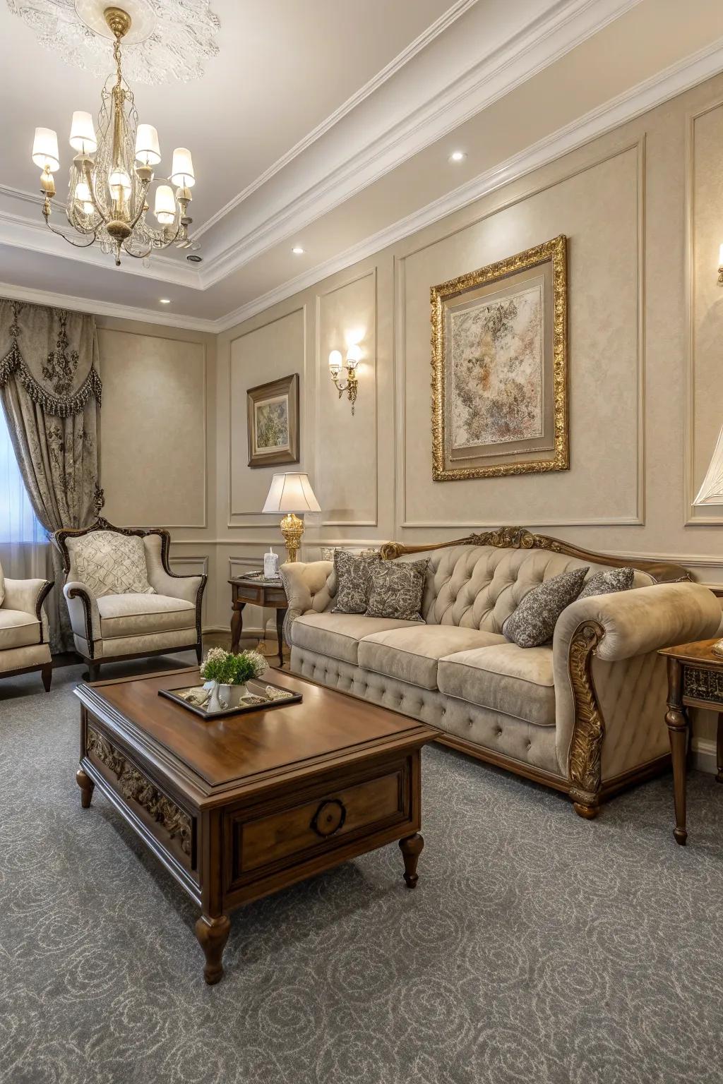 Taupe walls provide timeless elegance with grey carpets.