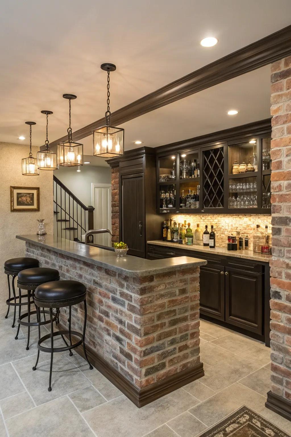 A chic home bar with a stylish half brick wall backdrop.