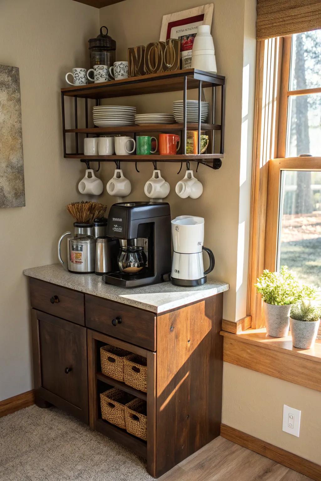 A custom coffee station in the corner contributes warmth and usefulness.