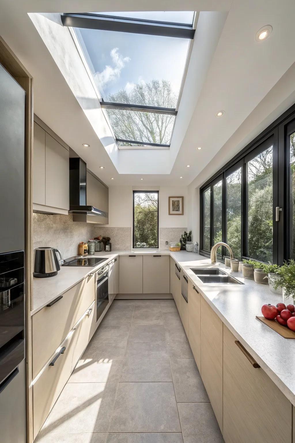 A skylight brings light and a sense of space to this compact kitchen.