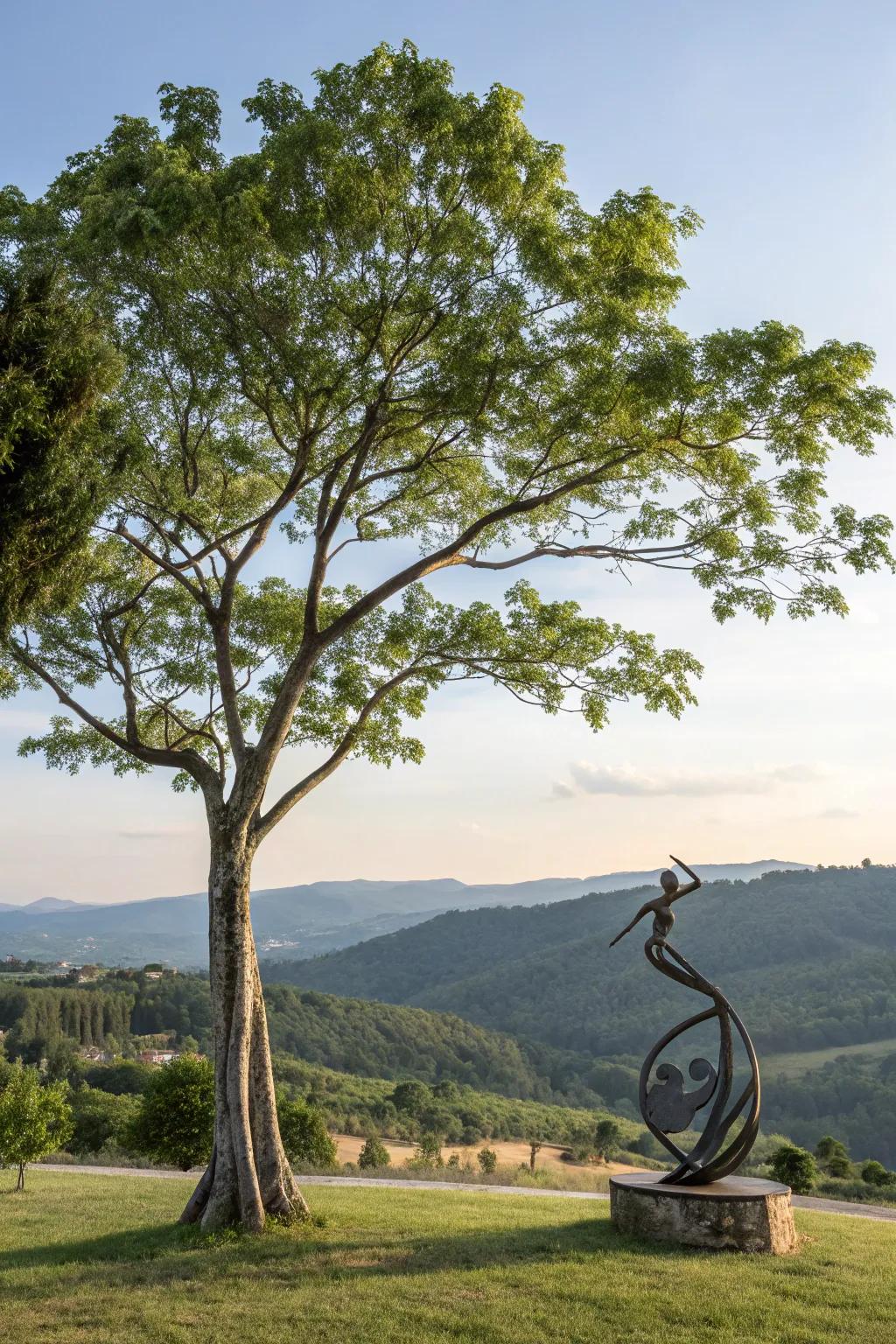 Artistic sculptures add a creative touch to tree landscaping.