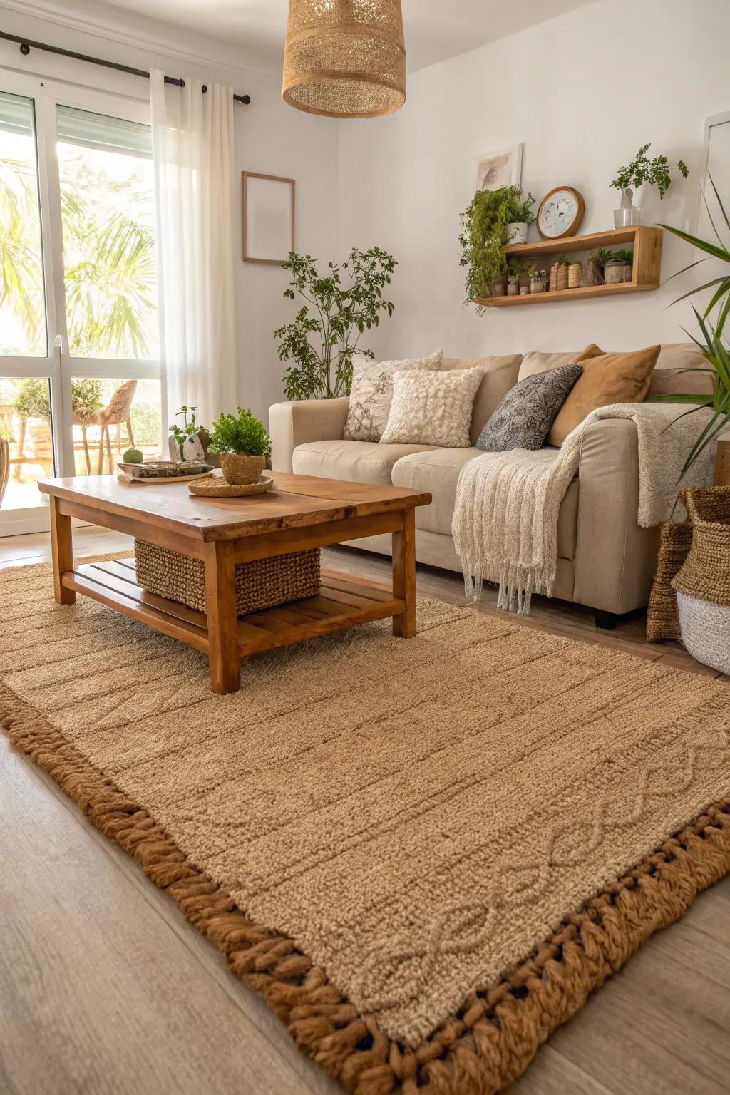 Living room featuring an eco-friendly carpet made from sustainable materials