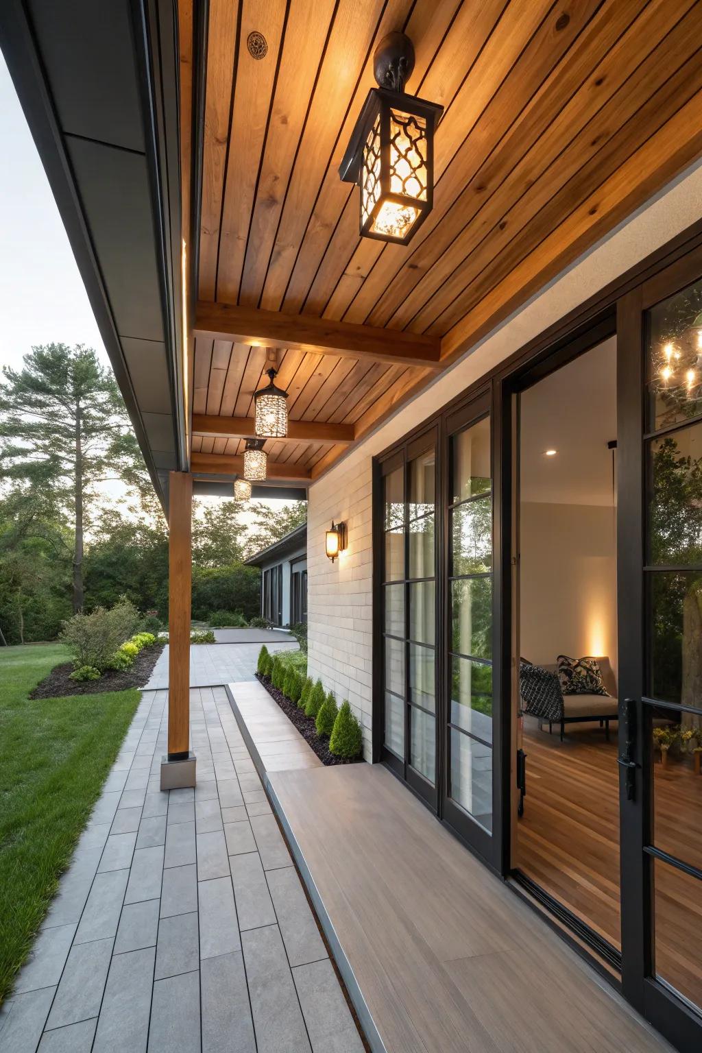 A statement ceiling with wood beams adds character to a modern porch.