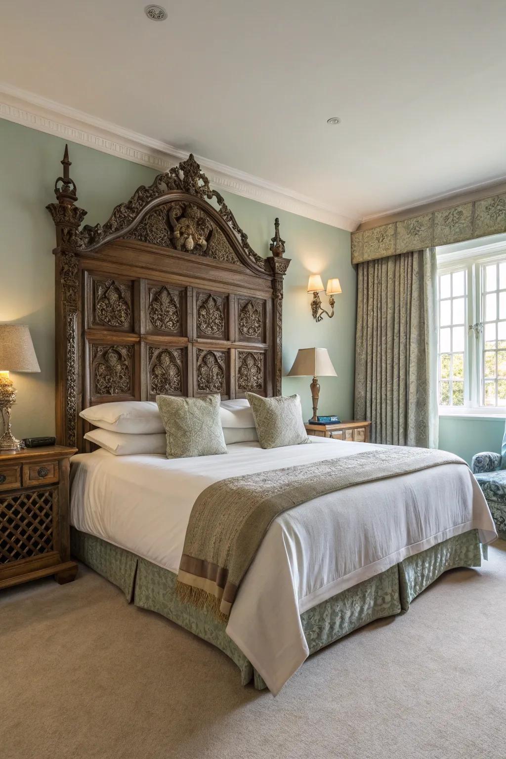 An ornate headboard serves as a stunning focal point in a modern Spanish bedroom.