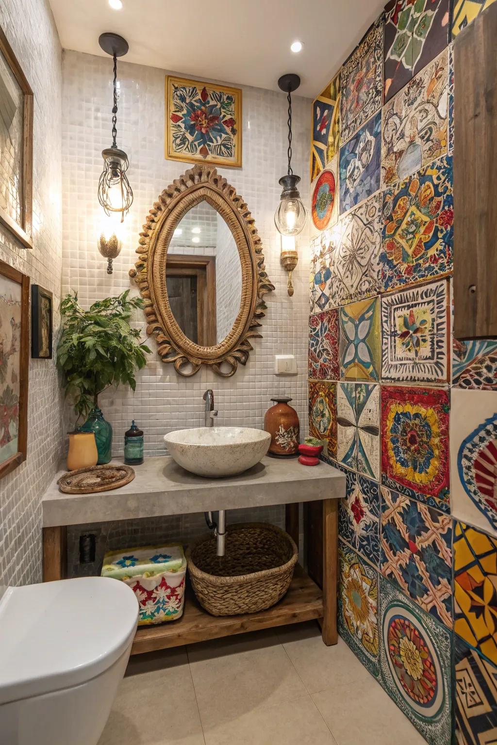 A bathroom showcasing a harmonious fusion of cultural mosaic designs.