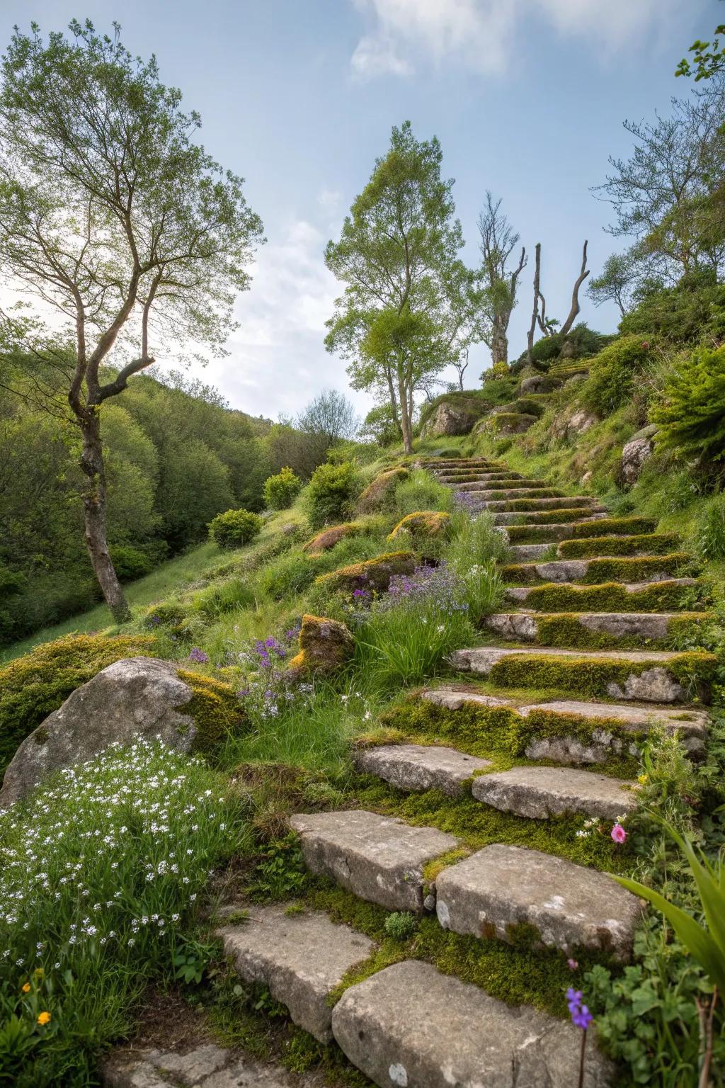 Elegant stone steps providing easy access to different garden levels.