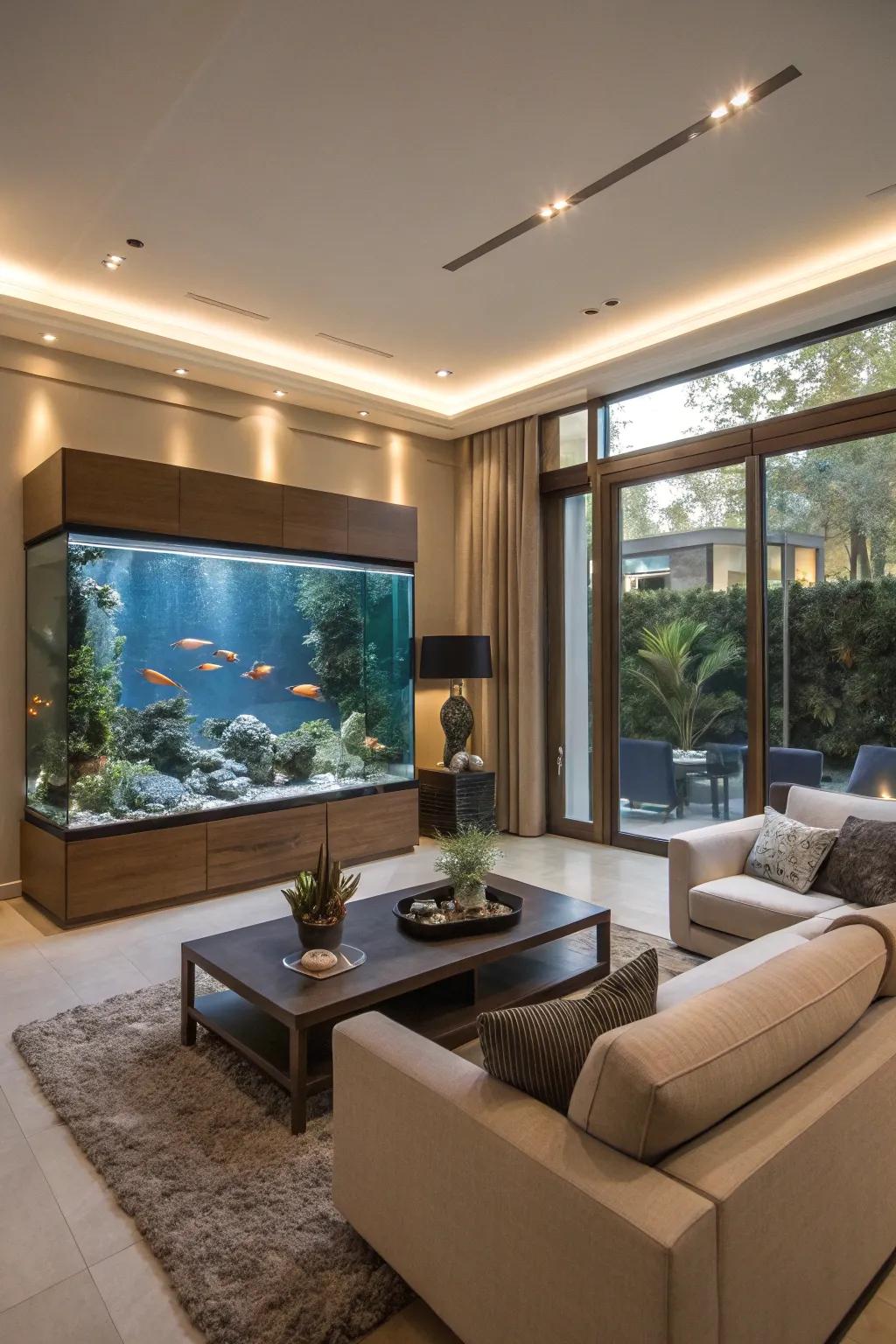 An aquarium brings a dynamic and serene touch to the room.