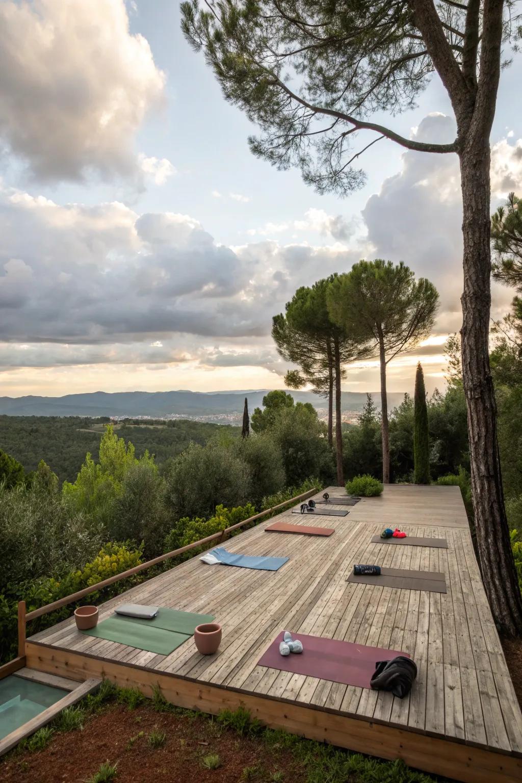 An elevated platform offers a distinct and focused space for yoga.