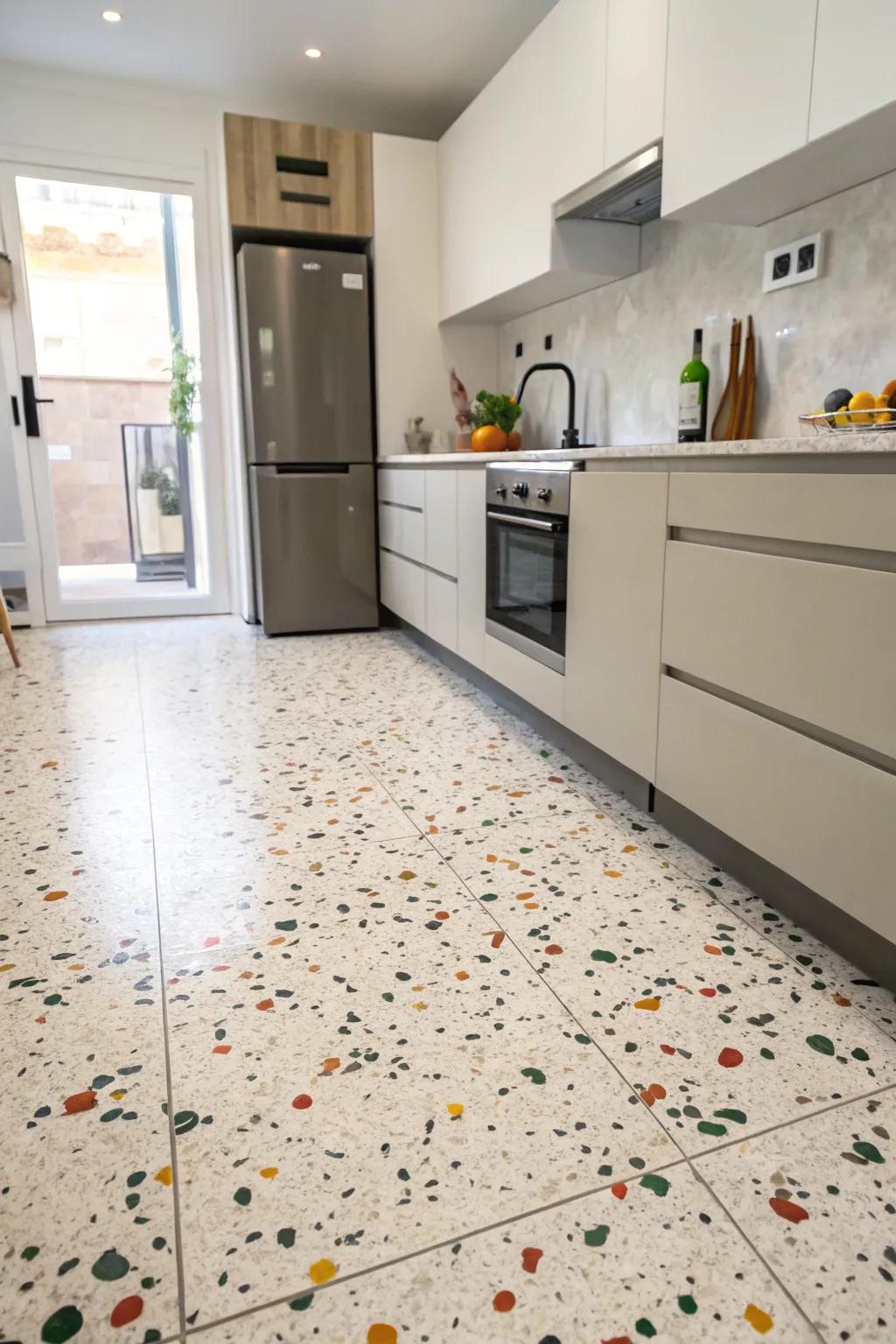 A kitchen with cemented stone-painted floors, offering a stylish and practical timeless appeal.