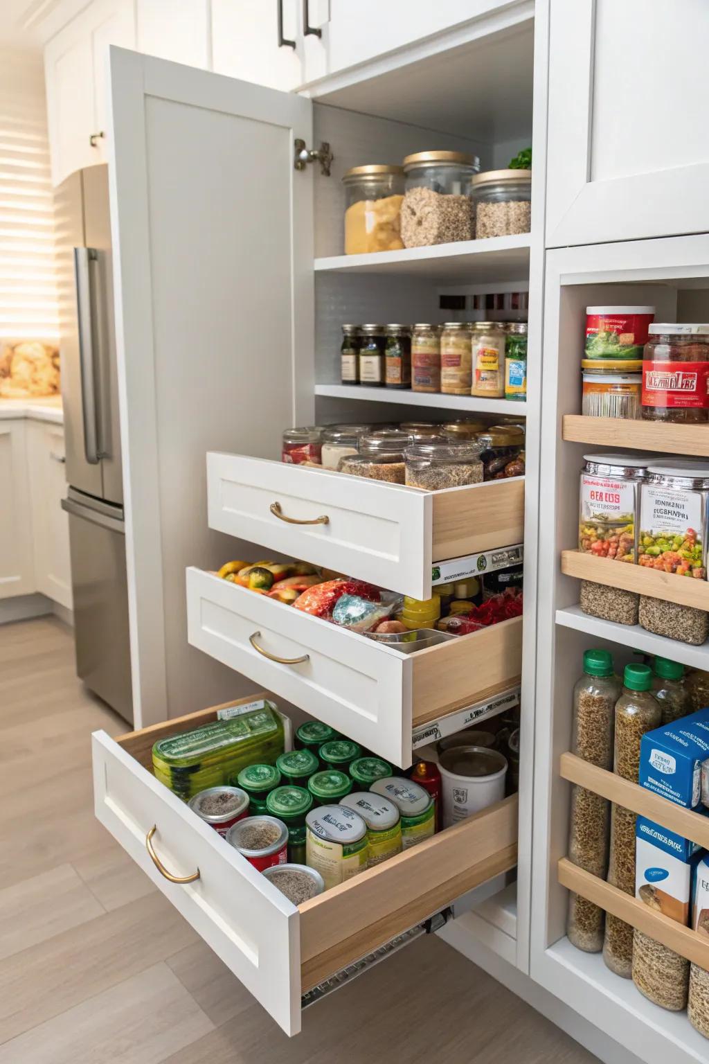 Pull-out drawers in a pantry provide convenient access to items in the back.