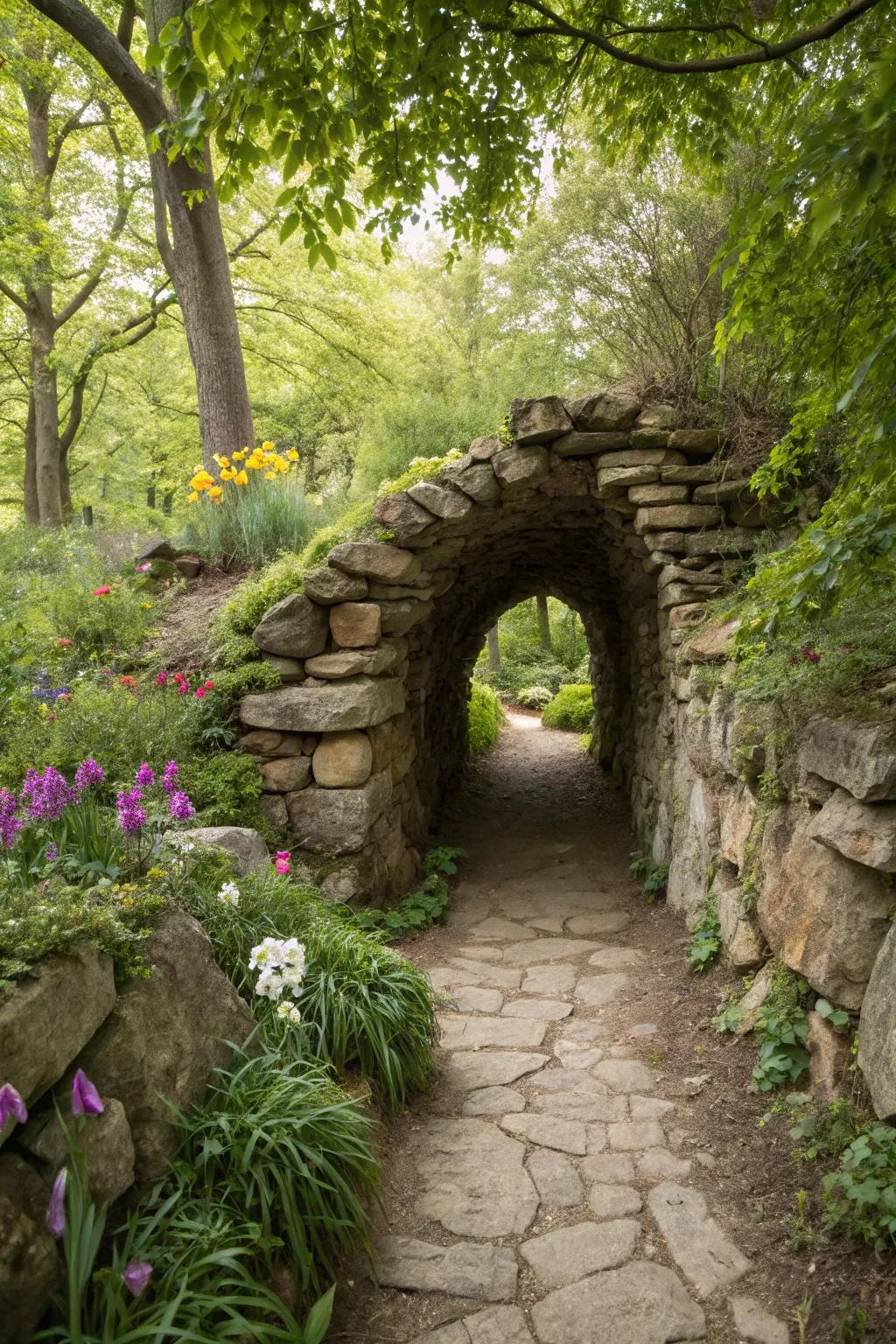 A whimsical rock tunnel pathway adding intrigue to a garden.