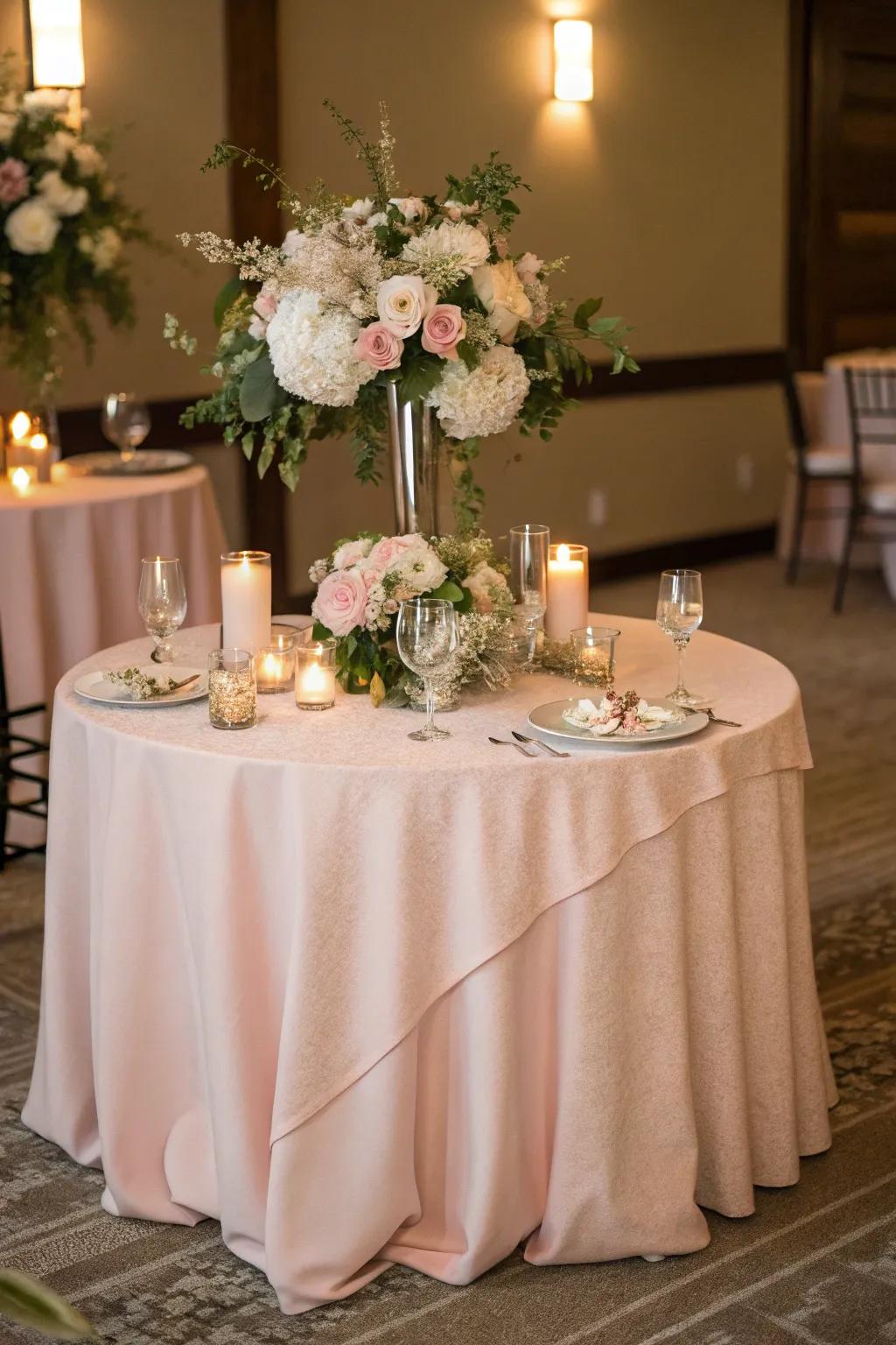 Soft blush tablecloth for a romantic wedding atmosphere.