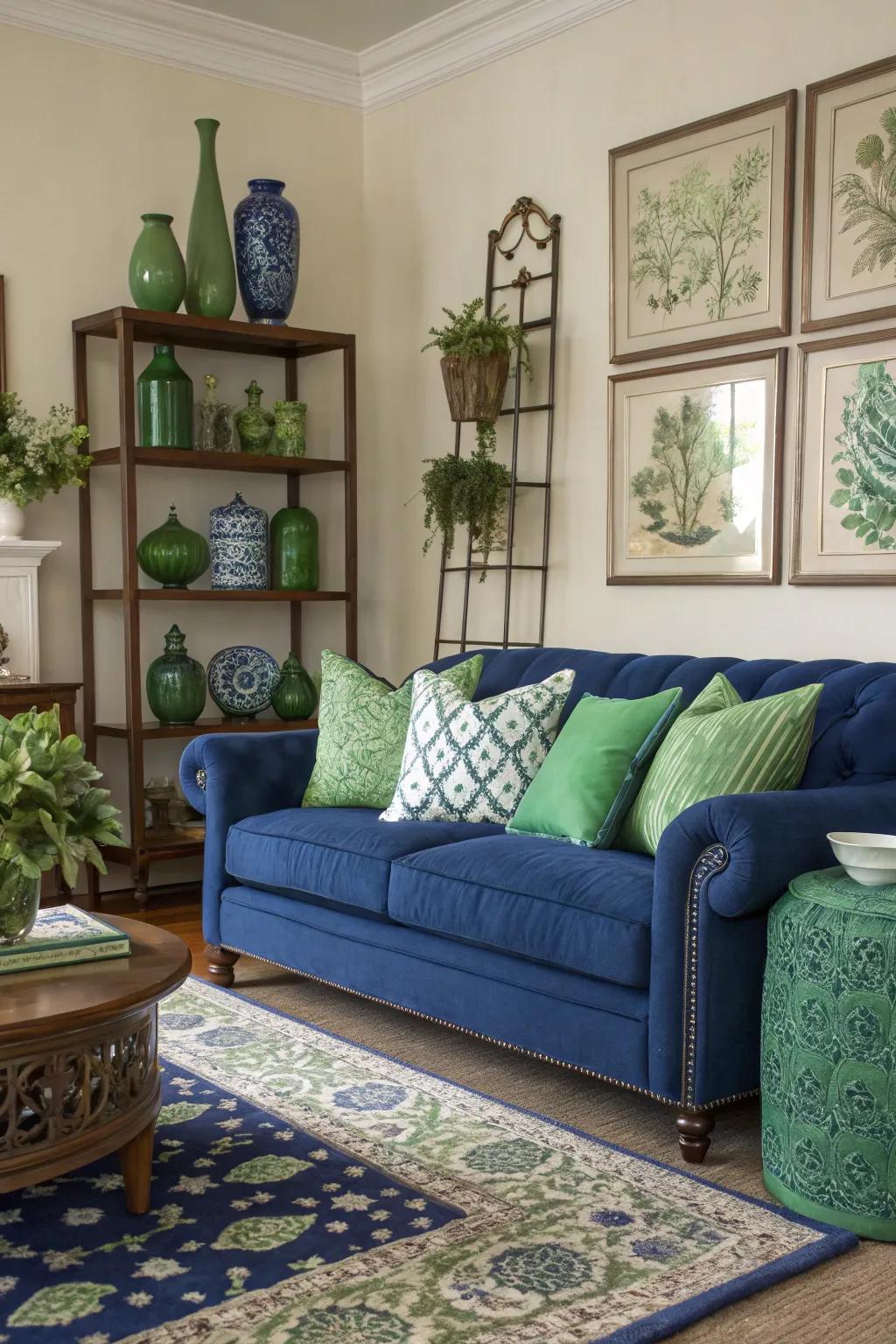 Sapphire and green create a lively and harmonious living room atmosphere.