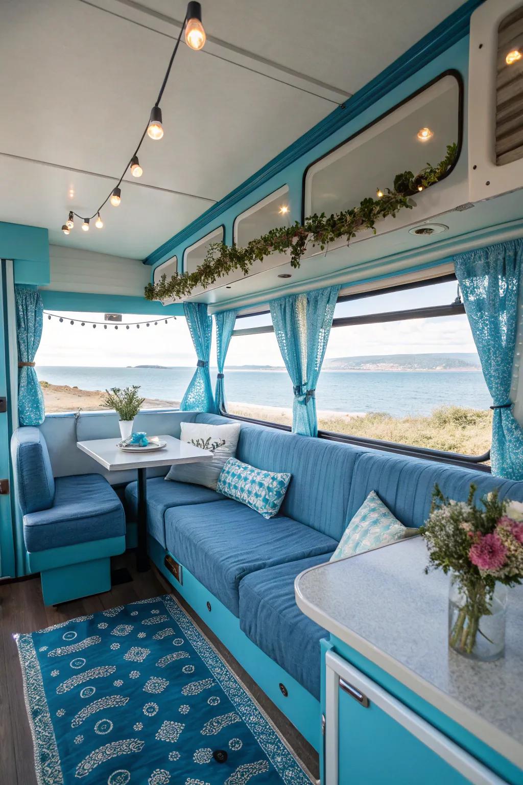 Tranquil blues create a peaceful RV retreat.