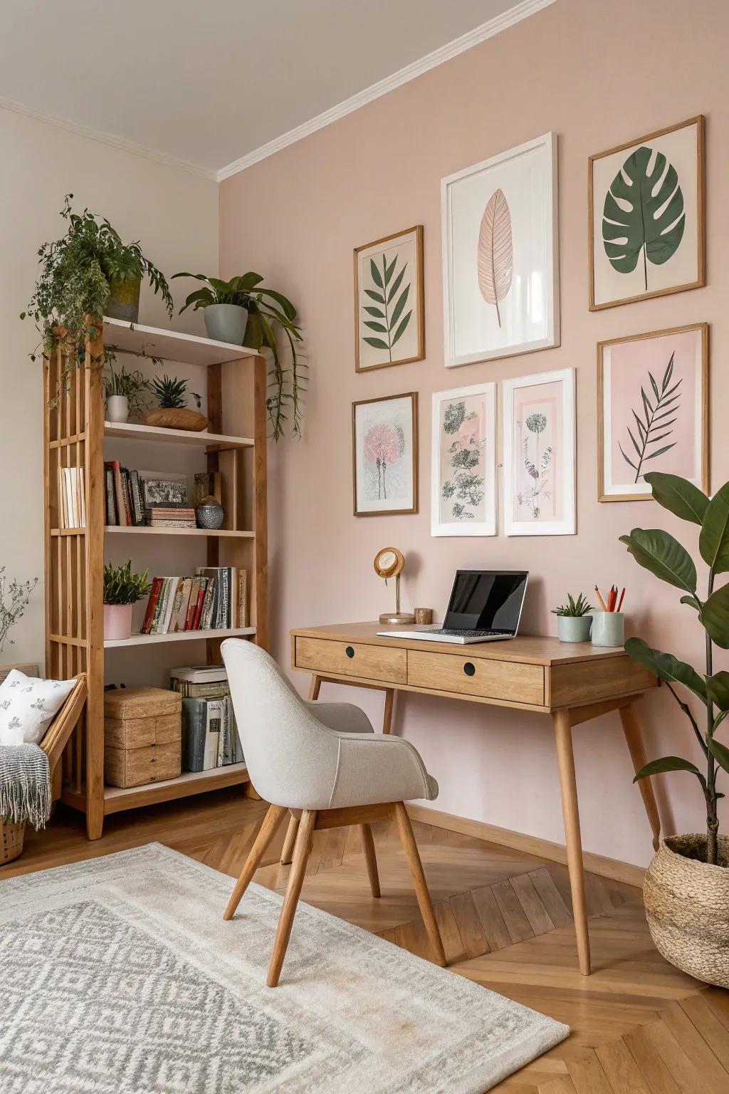 A study with pastel-toned art pieces and Scandinavian decor