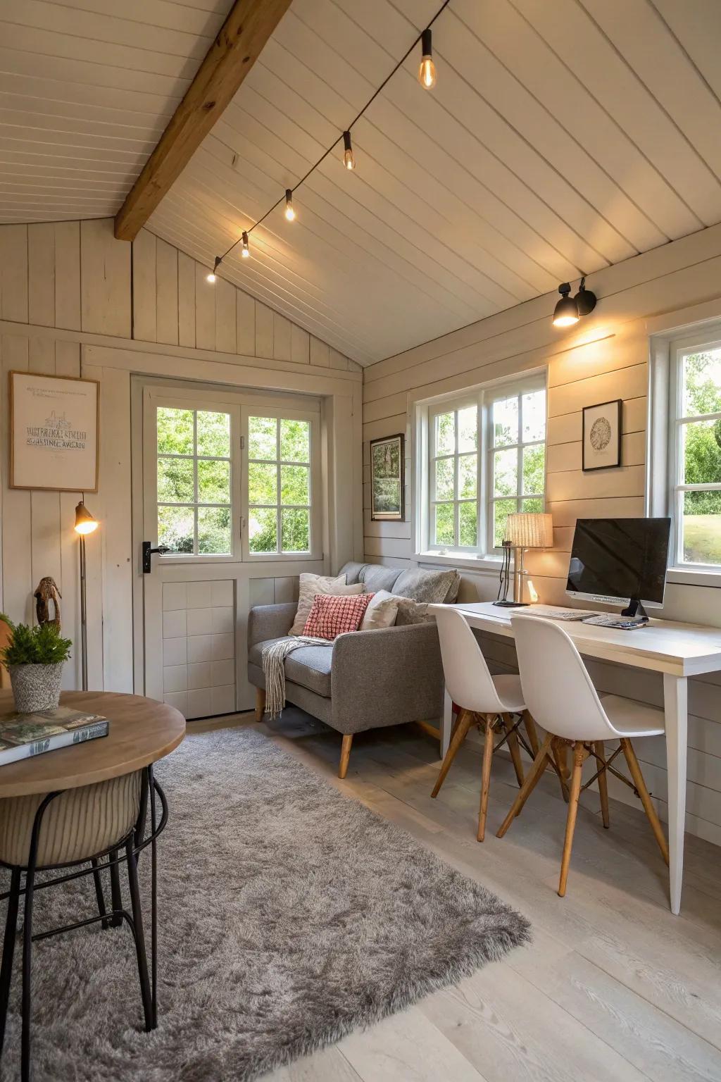 A chic shed home interior styled for short-term rental appeal.