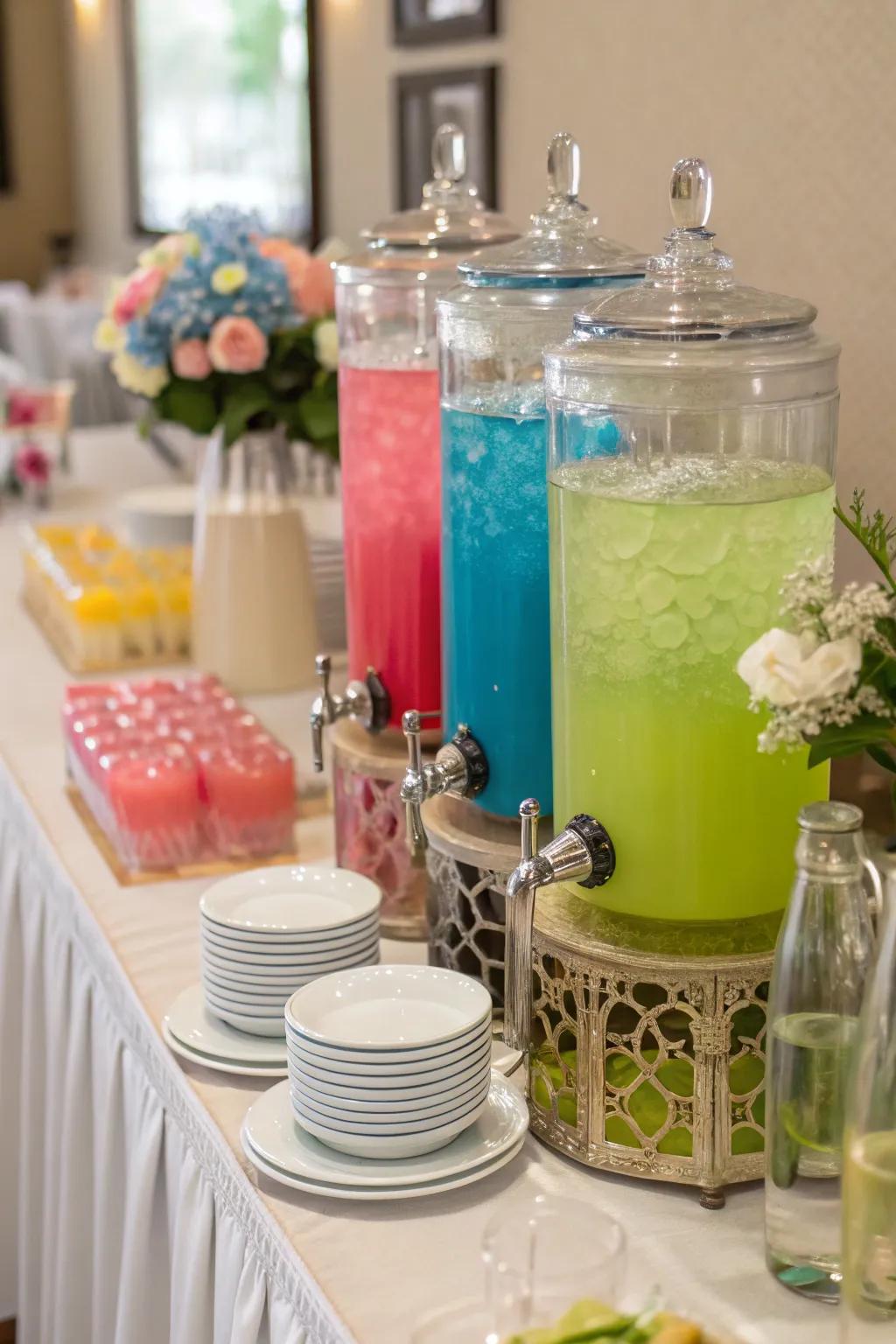 Refreshing drink dispensers adding color and hydration to the celebration.