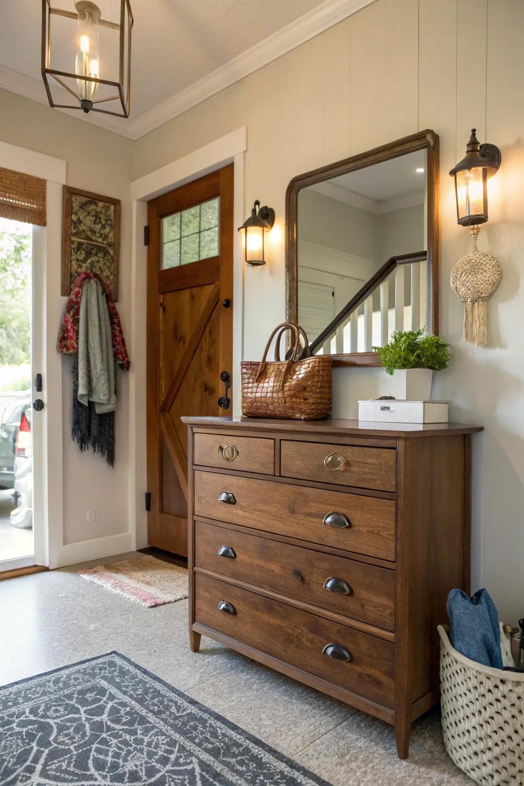 Repurposed furniture adding character to the entryway.