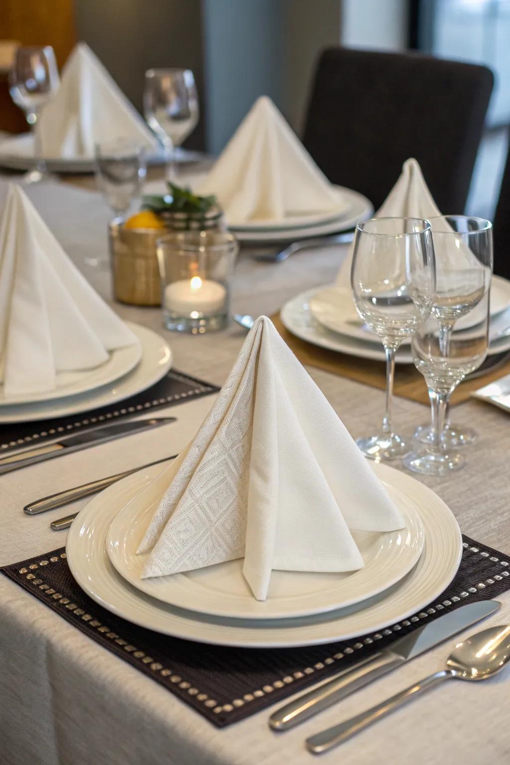 Modern elegance is achieved with geometric triangle folds.