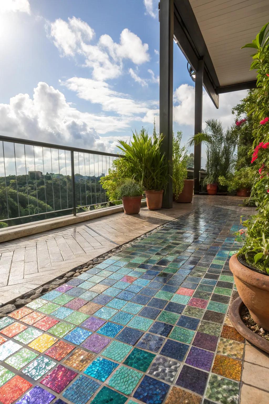 Glass mosaic deck surfaces offer a special and dazzling patio deck surface choice.