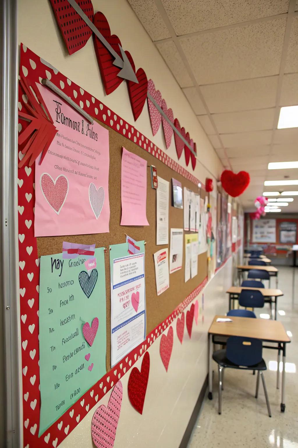 A Cupid's Corner bulletin board with thematic Valentine's decorations.