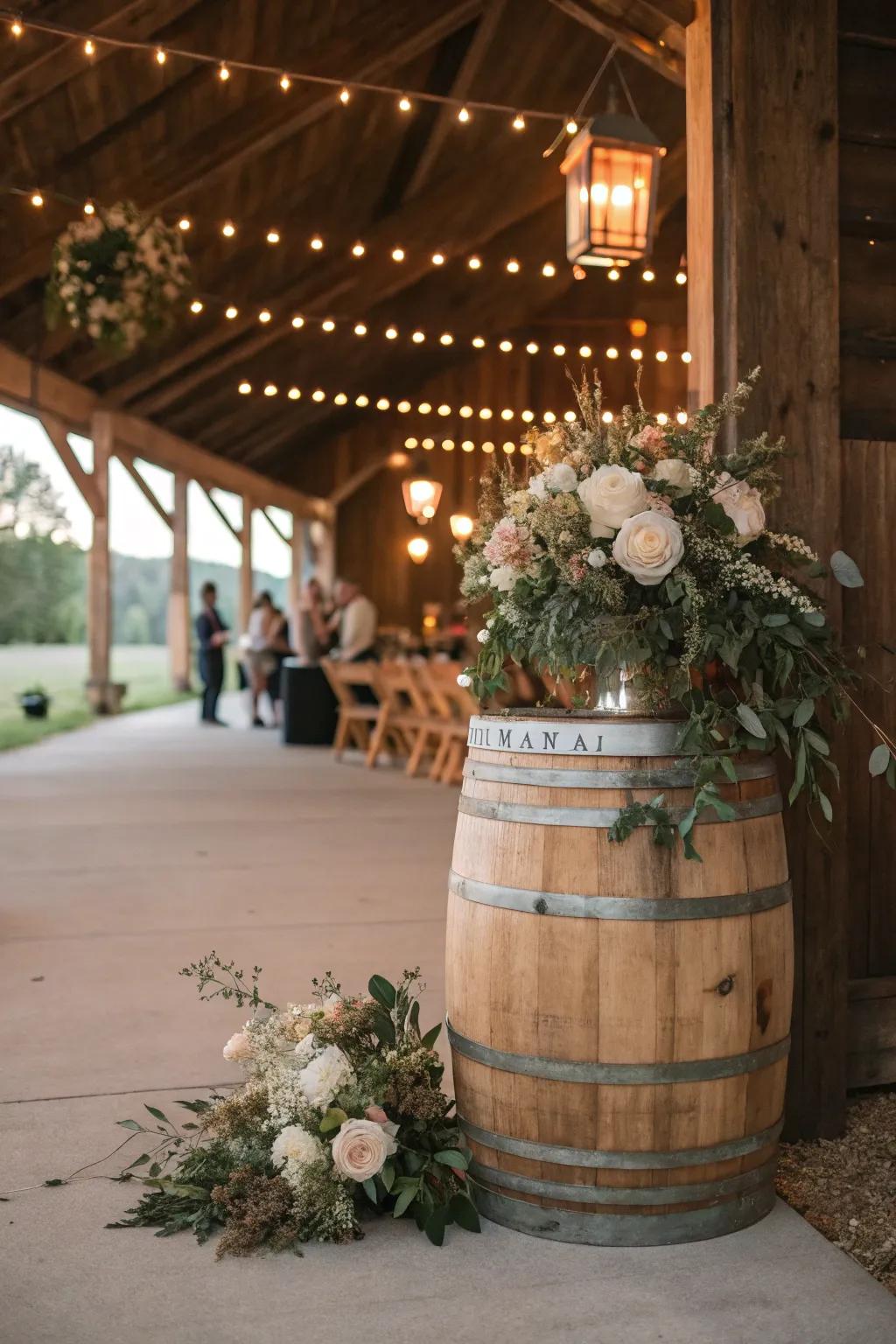 Down-to-earth wedding decor with cask and romantic soft lights.