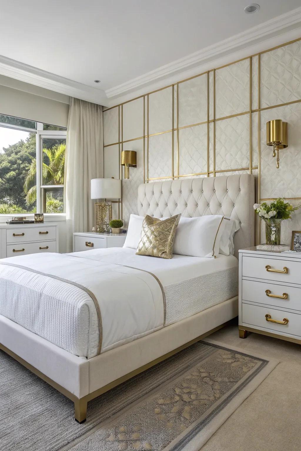 Metallic accents add understated glamour to a white bedroom.