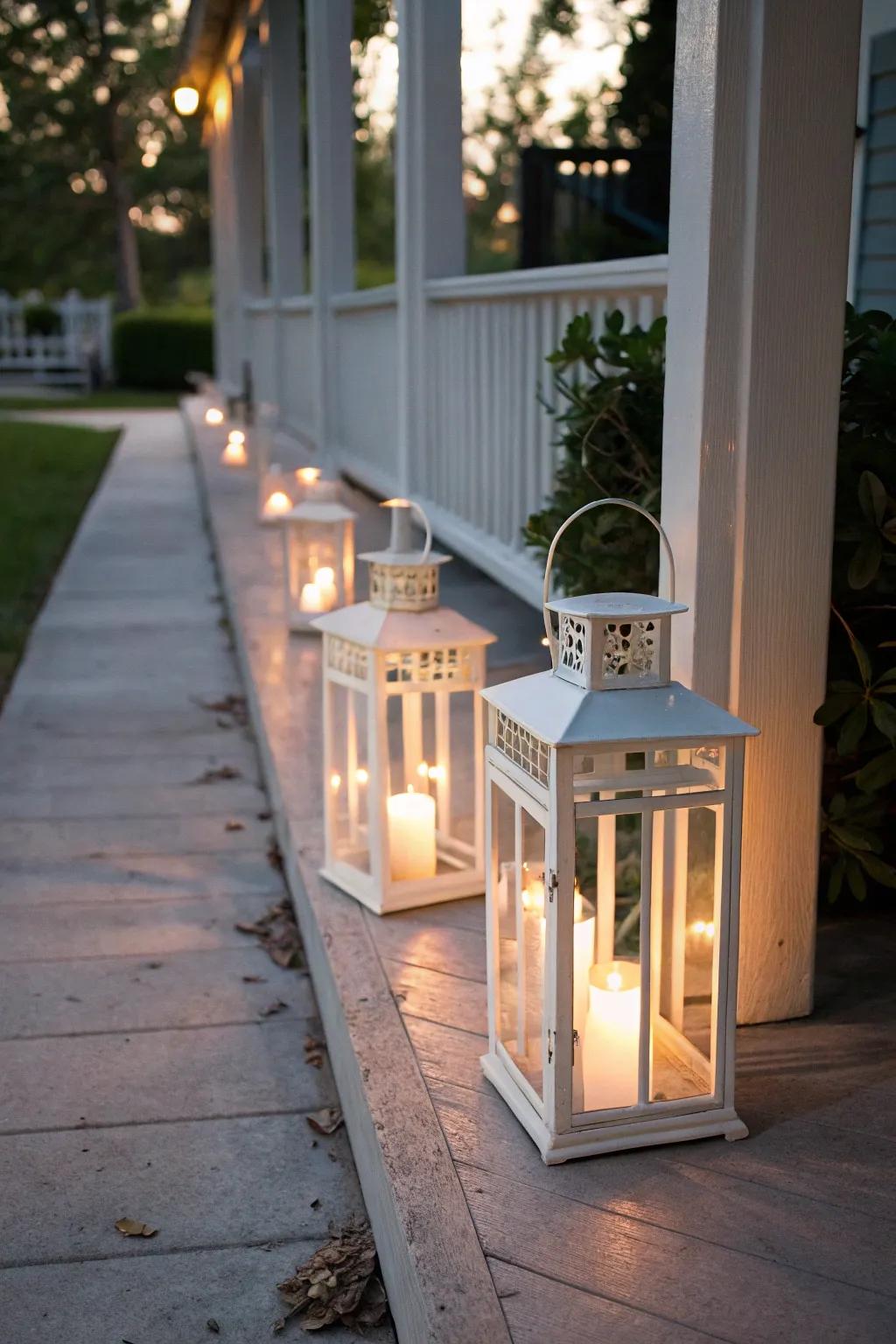 White candle lanterns create a warm and inviting glow for your holiday evenings.