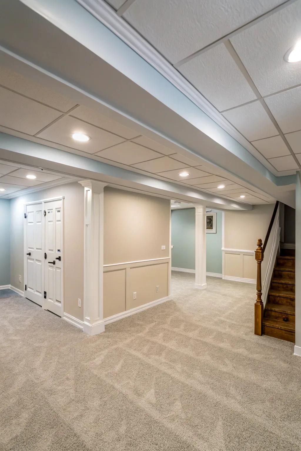 Light colors can visually raise your basement ceiling.