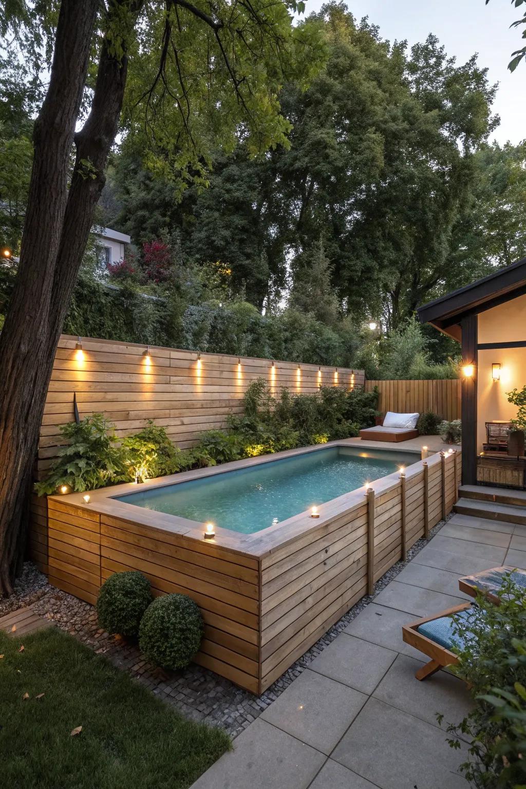 Create a warm, modern poolside retreat with wood paneling.