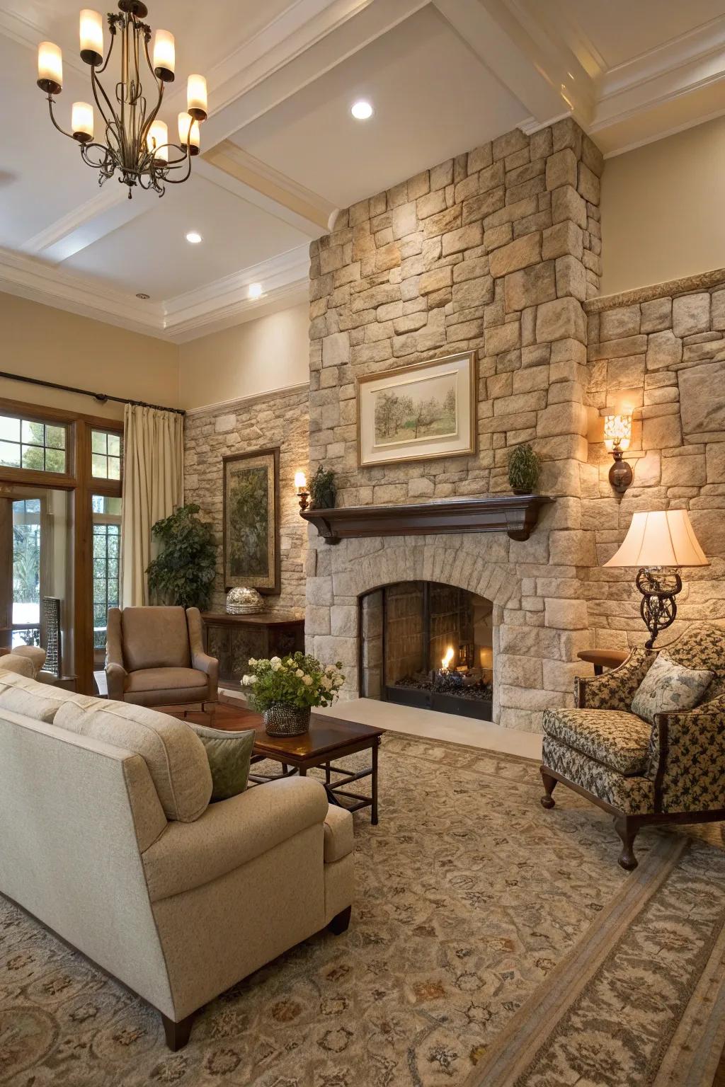 The textured stone accent wall provides warmth and sophistication.