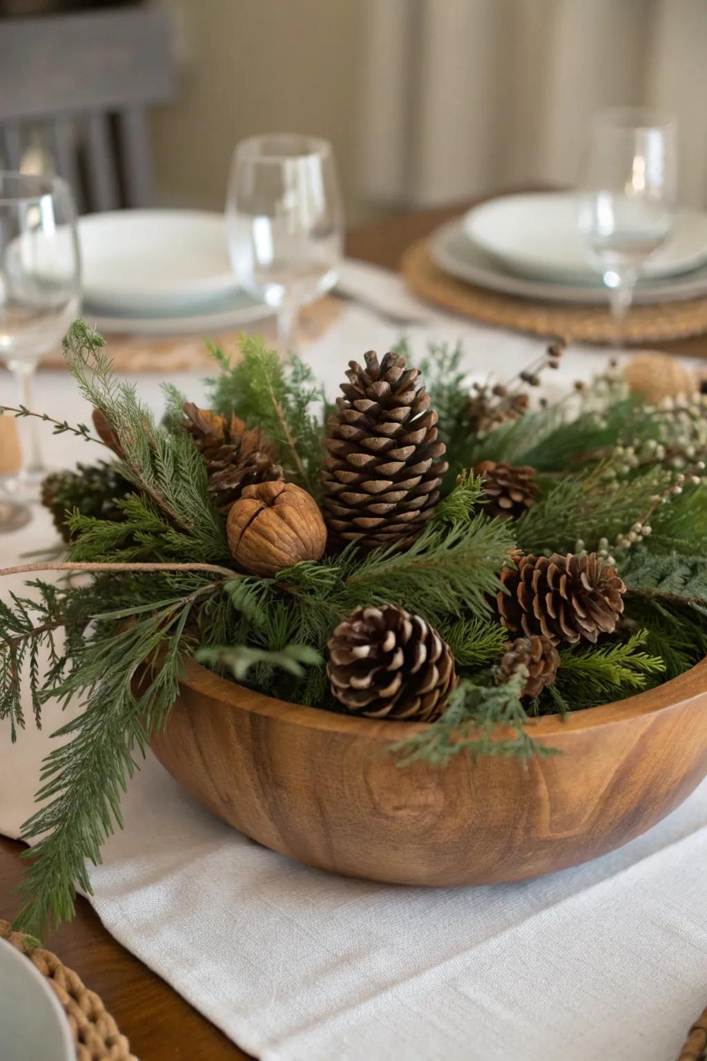 An organic winter focal point showcasing coniferous plants and fir cones