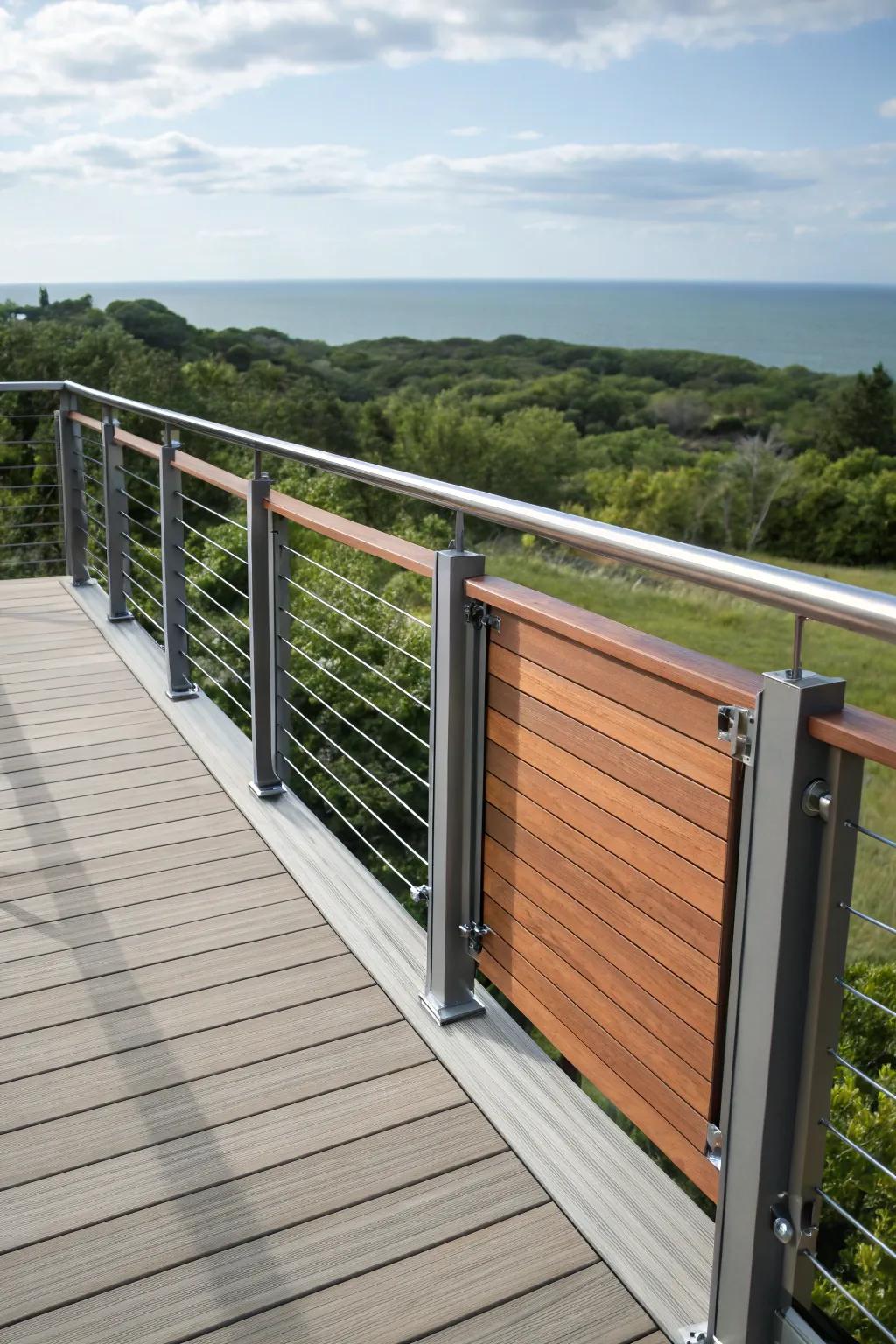 A stylish combination of aluminum and wood railings on a deck.