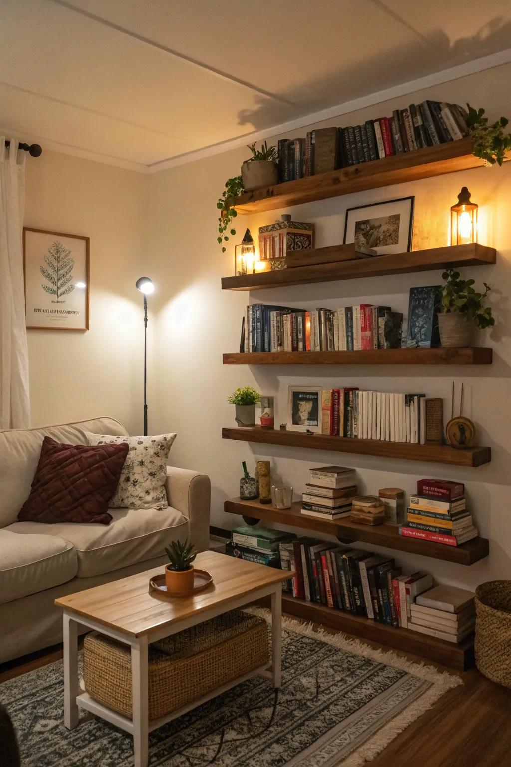 Floating shelves add storage and style to a compact living room.