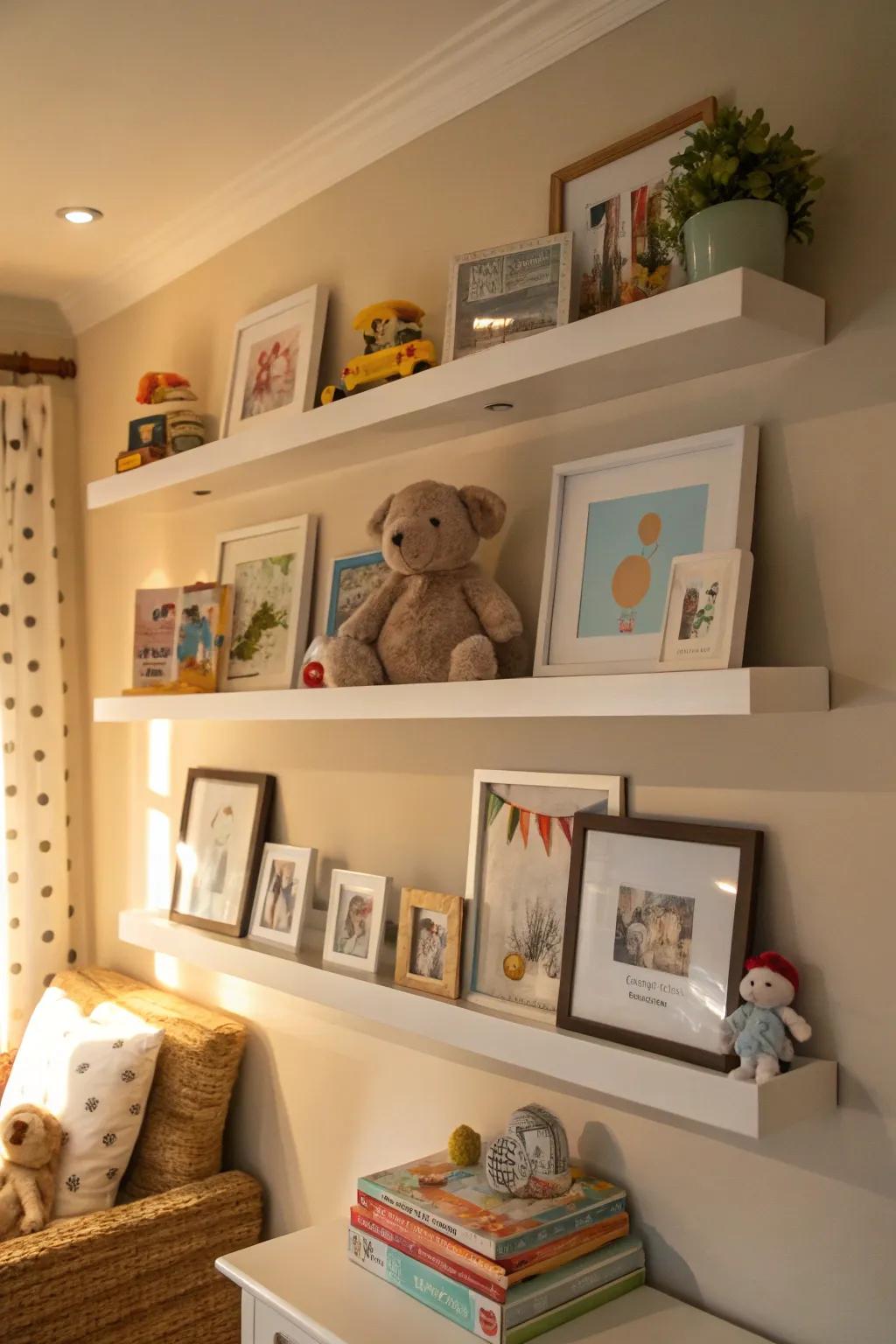 Floating shelves offer a versatile way to showcase baby memories.