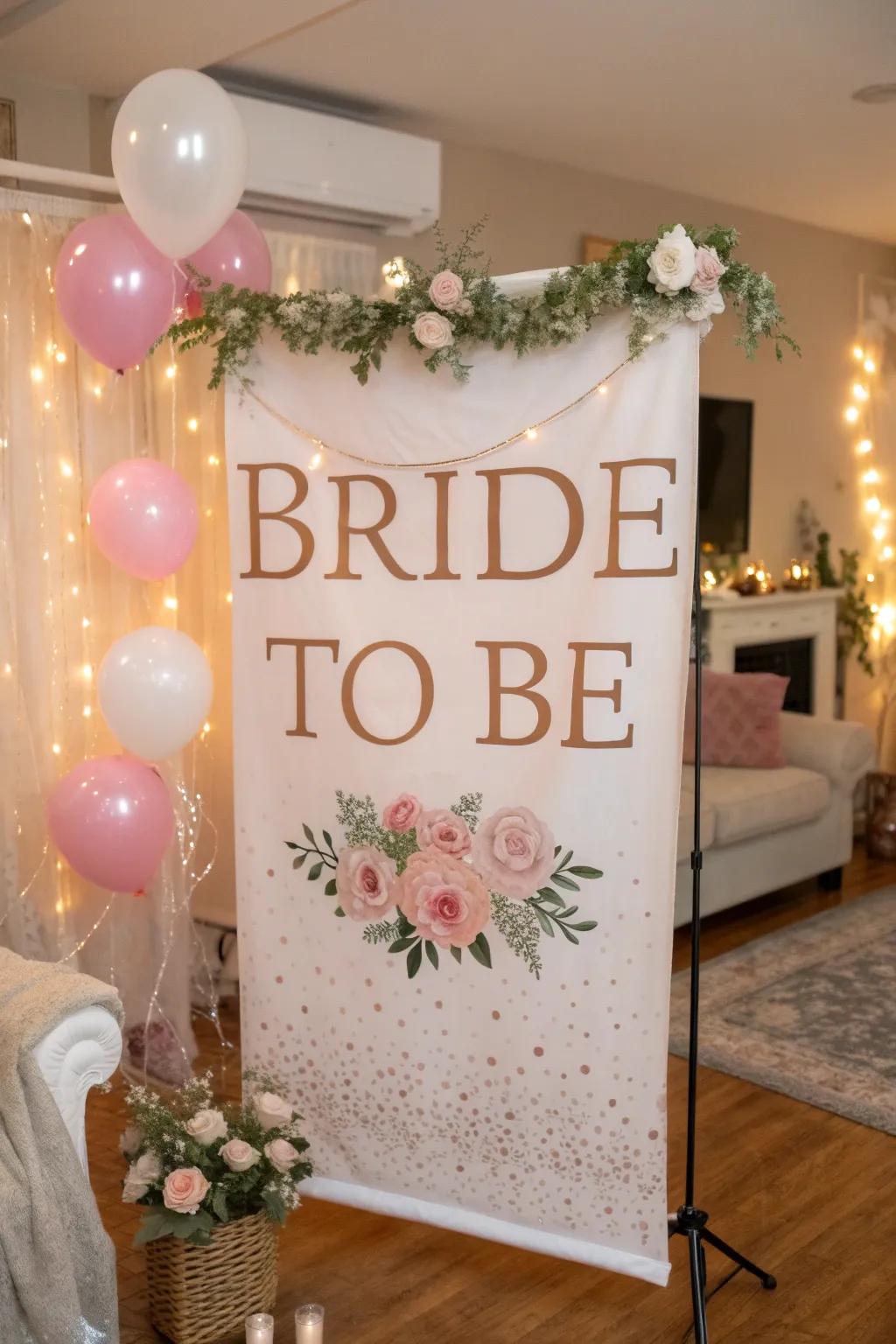 A chic 'BRIDE TO BE' banner adds a personal touch.