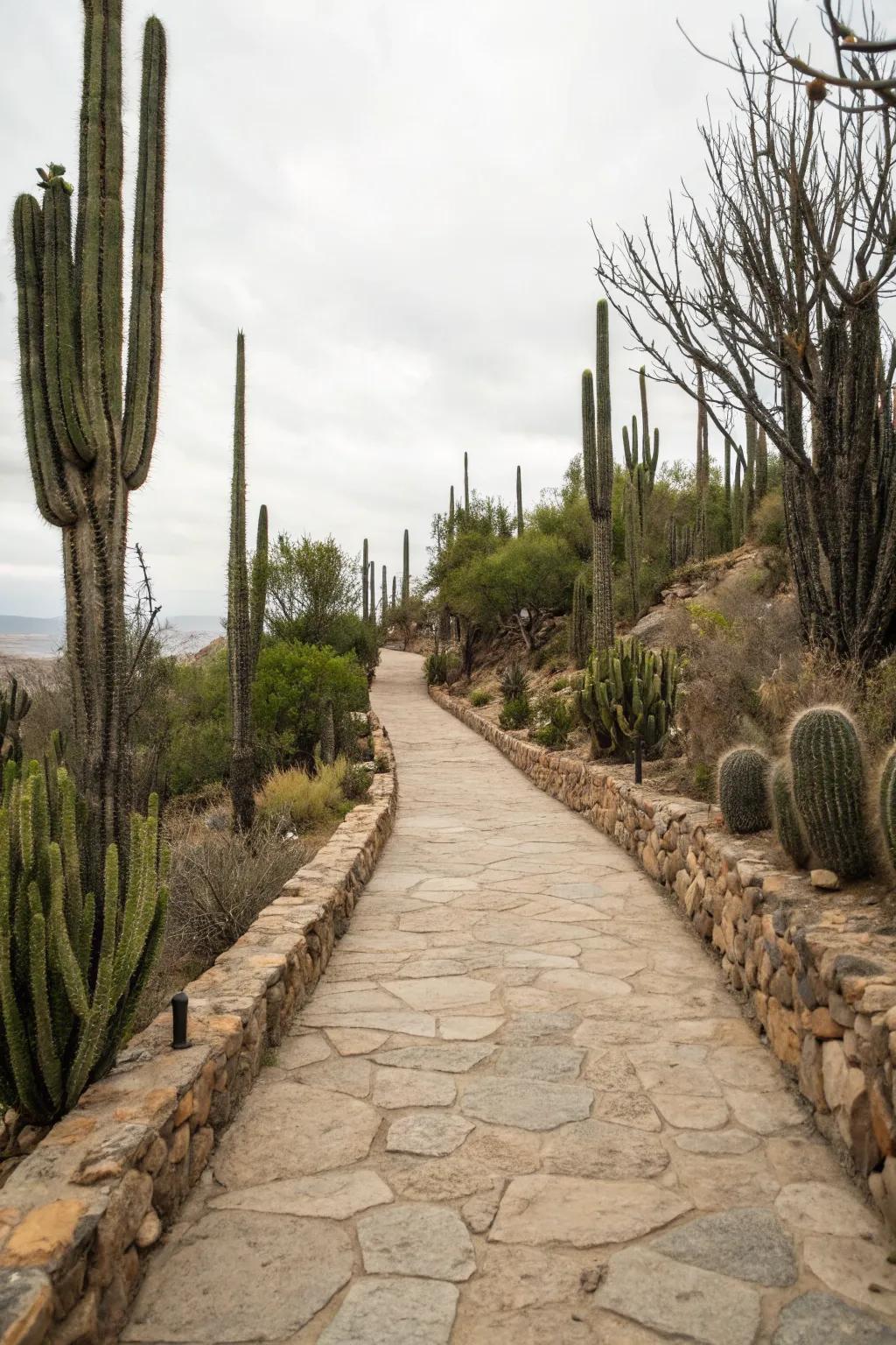 A welcoming stone pathway framed by cacti of different heights.