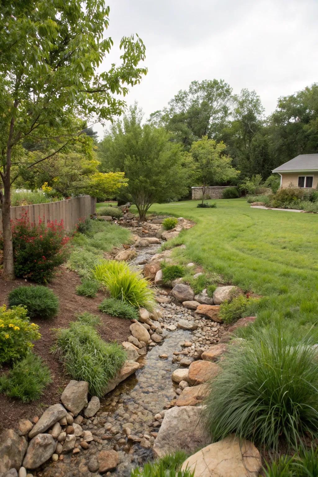 Dry creek beds manage water flow while enhancing aesthetics.