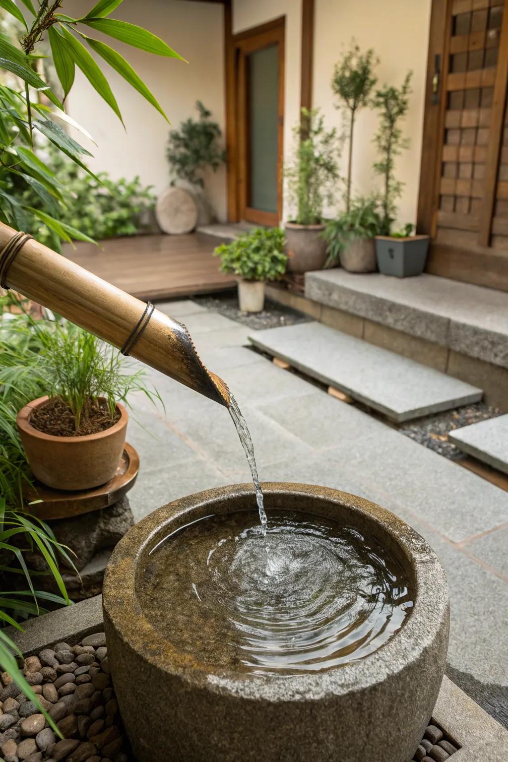 A minimalist bamboo spout fountain on a cozy patio.