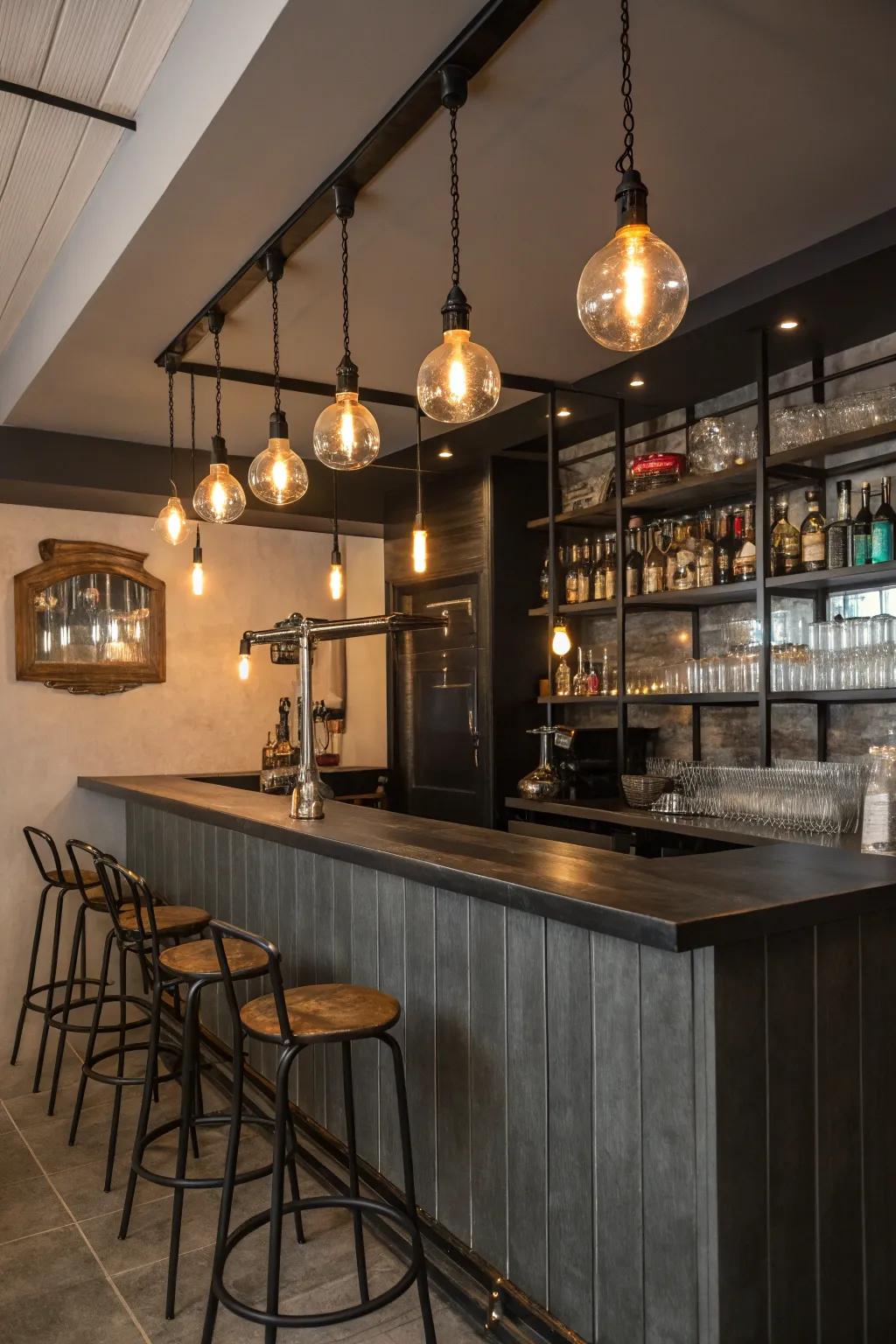 Industrial-style lighting with exposed bulbs adds character to the bar.