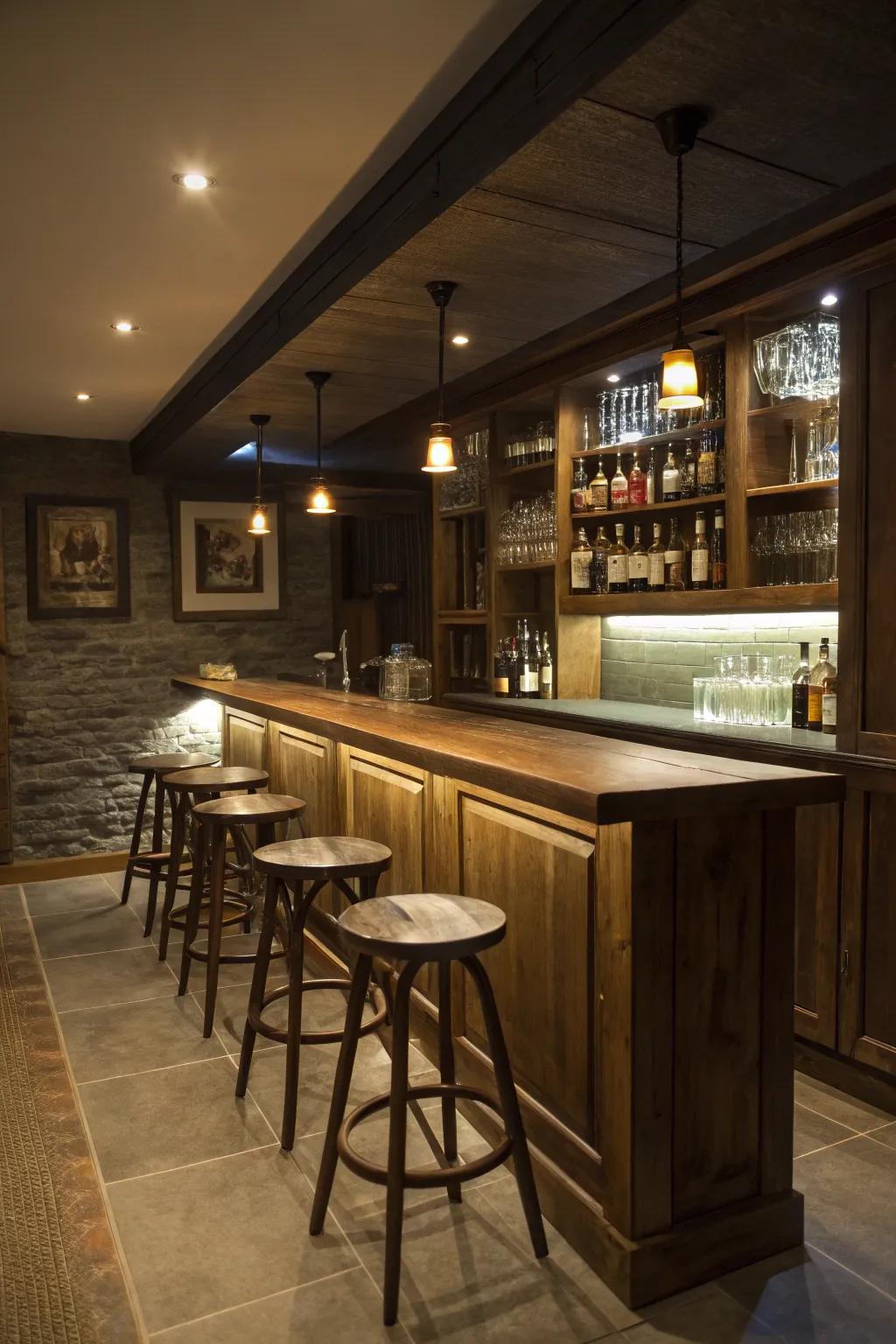 Create a cozy atmosphere with ambient lighting in your basement bar.